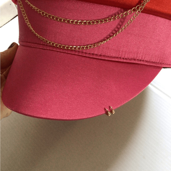 NEW! Rare Upcycled Satin Red and Pink Cap with Chain and Flower